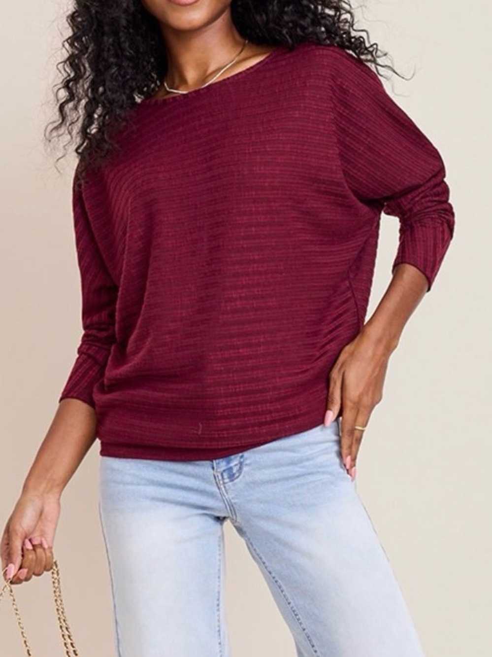 Francesca's Collections Burgundy Ribbed Knit Dolman Top - Size Medium